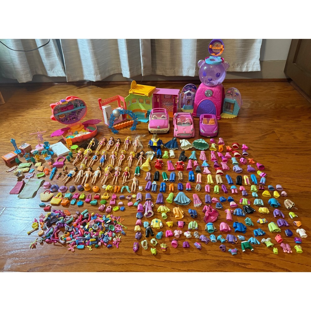 Polly Pocket Lot Including 21 Dolls, 150+ Accessories, 3 Cars, 1 House - EUC